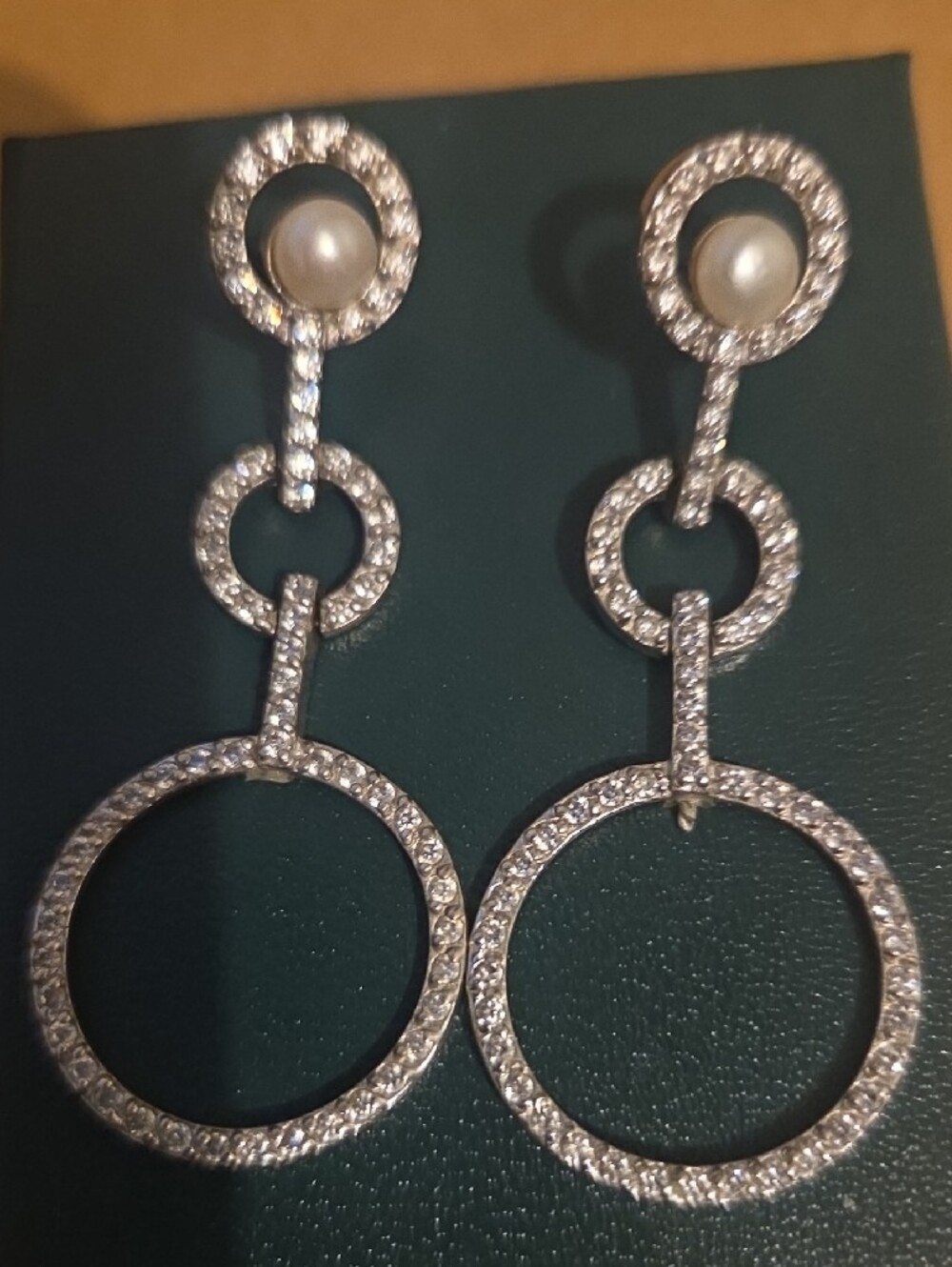 Silver Pearl and Crystal Drop Hoop Earrings - Picture 4 of 4